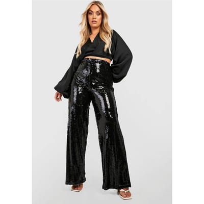 boohoo Dames Plus Pailletten Wijde Pijpen Broek | Black | Maat: 26