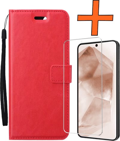 Hoes - Met Screenprotector - Geschikt voor Samsung Galaxy A55 - Luxe Pasjeshouder - Bookcase Portemonee - Flip Case - Kunstleer Book Case - Flipcase - Book Cover - Walletcase - PortemonneeHoes - Rood