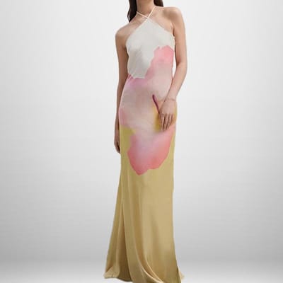 Lente Nieuwe Stijl Halter Nek Modieus Bedrukt Slank en Slank Temperament Elegant Rugvrij Lange Jurk 3XL beige