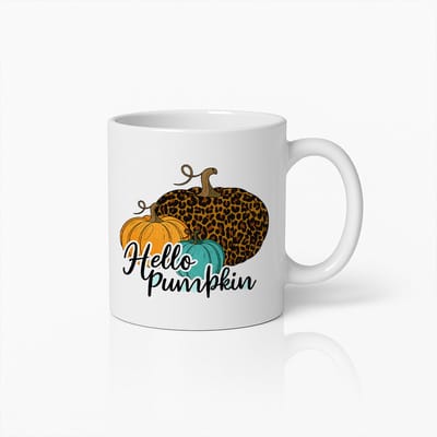 Hello Pumpkin Mok 330ml – Panterprint & Kleurrijke Pompoenen – Schattige Herfst Koffiekop Cadeau voor Najaar & Halloween Fans