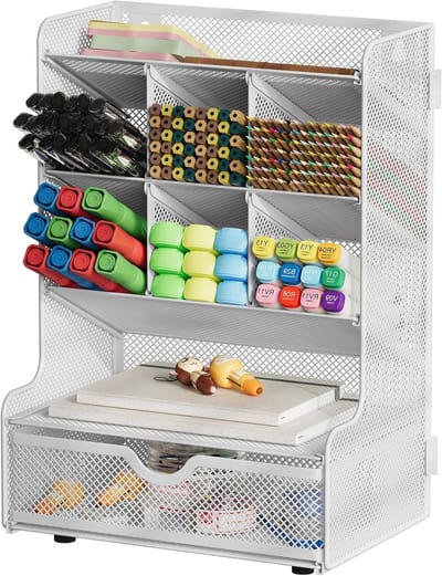 4-laags Mesh Bureau Organizer voor Pennen en Kantoorbenodigdheden met Lade, Wit en Multifunctioneel