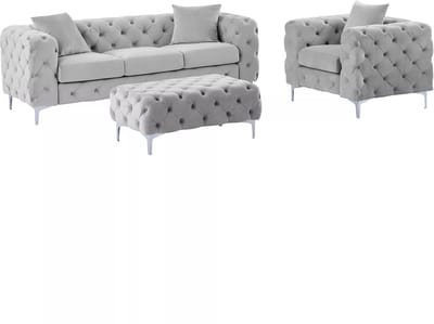 Vente-unique Driezits-Chesterfield-bank, -fauteuil en -poef van lichtgrijs velours EDWINA