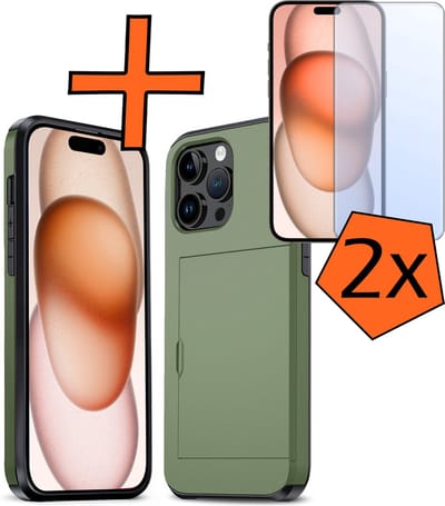 Hoesje Geschikt voor iPhone 15 Pro Hoesje Pasjeshouder Shockproof Hard Case Met 2x Screenprotector - Hoesje Geschikt voor iPhone 15 Pro Hoes Met Kaarthouder - Donkergroen