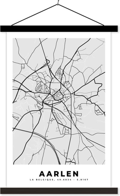 Posterhanger incl. Poster 40x60 cm - Schoolplaat - Zwart Wit – België – Plattegrond – Stadskaart – Kaart – Aarlen - Textielposter - Zwarte latten - Stadskaart