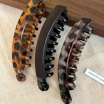 Set Grote Haarclips met Achterkam Anti-Slip Verticale Banaanclips voor Vrouwenstaarten, Volume Creëren, Leopardprint Zware Haarclips