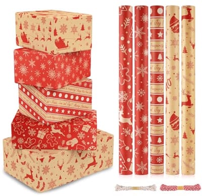 Cadeaupapier Kerstmis - 5 Rollen, 43 cm x 300 cm - Recyclebaar Kraftpapier voor Kindergeschenken