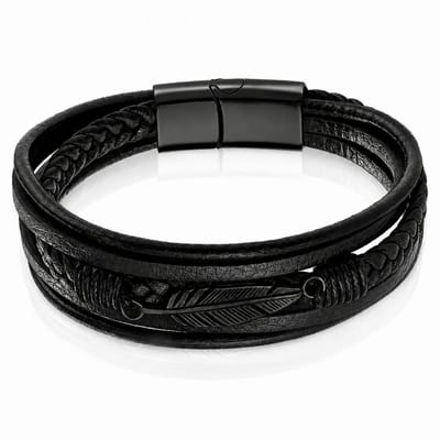 Mendes Jewelry Heren Armband - Stoer Zwart Leder met Bladvormige Stalen Bedel - Zwart-23cm