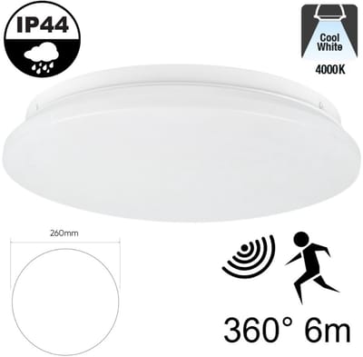 Led Plafonnière 12w met Bewegingssensor | 960 Lumen | 4000K Neutraal Wit | IP44 | Ø260mm