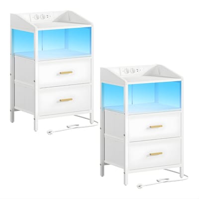 Nachtkastjes Set van 2 – Voor Slaapkamer – Bijzettafel met LED-Verlichting, Oplaadstation, 2 Stoffen Lades en Planken – Wit