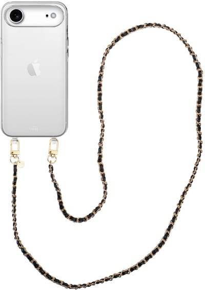 xoxo Wildhearts siliconen hoesje geschikt voor iPhone 17 Air - Classic Chain - Black (lang koord) - Telefoonhoesje - Hoesje met koord - Schakelketting - Lang telefoonkoord - Zwart met goud - Transparant hoesje