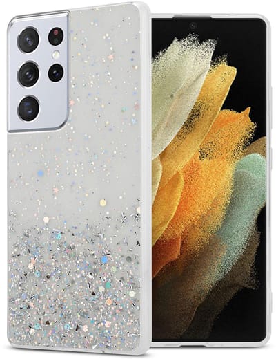 Cadorabo Hoesje geschikt voor Samsung Galaxy S21 ULTRA in Transparant met Glitter - Beschermhoes van flexibel TPU silicone met fonkelende glitters Case Cover Etui