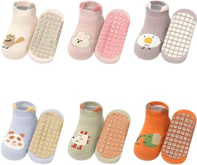 Antislip enkelsokken voor baby's - Leuke antislipsokken met cartoonmotief - Geschikt voor baby's en peuters, jongens en meisjes - 6 paar -S