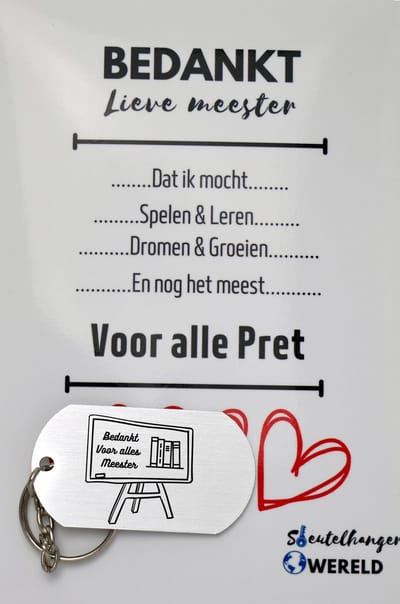 Bedankt voor alles meester Sleutelhanger inclusief kaart - meester cadeau - Cadeaupakket meester - einde schooljaar - afscheid - Leuk kado voor je meester om te geven - 2.9 x 5.4CM
