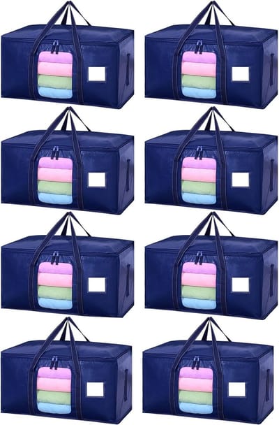 Opbergzakken Deksel - Verhuisdozen Opvouwbaar - Ruimte Besparen - Transparant Kijkvenster - 8 stuks 90 liter - Blauw