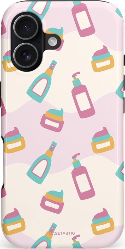Casetastic hoesje geschikt voor Apple iPhone 17 - MagSafe - Dubbellaagse bescherming - Bubbels & Borstels - Clean Girl - Makeup - Fashion Case - Wit Lichtgrijs Lichtroze