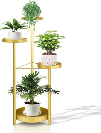 Famanu - Gouden metalen plantenstandaard met 4 lagen, opvouwbaar hoekrek voor woonkamer, slaapkamer, kantoor of tuin