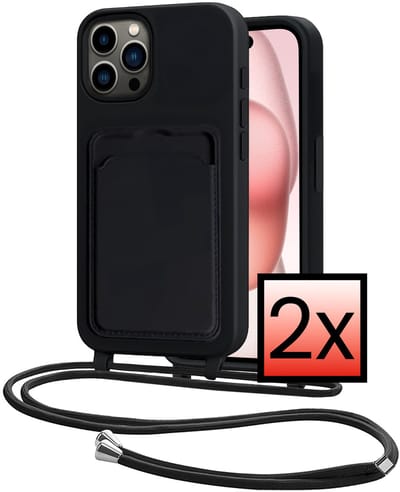 Hoes Geschikt voor iPhone 14 Pro Hoesje Pasjeshouder Cover Met Koord Case Siliconen Hoes Met Telefoonkoord en Kaarthouder - Zwart - 2 PACK