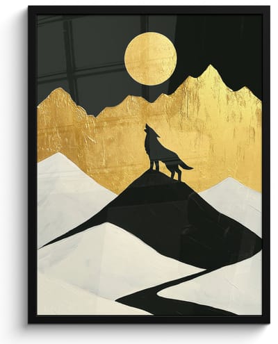 Poster in lijst - Fotolijst 50x70 cm - Posters - Wolf - Bergen - Maan - Zwart - Posterlijst zwart - Decoratie - Wanddecoratie woonkamer - Muurdecoratie slaapkamer