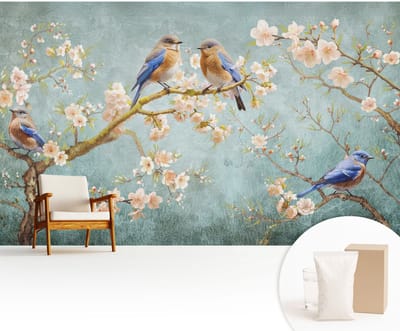 Wallfluent Behang - Lente vogels Muurbehang - 416x254 cm - Blauw Behang - Voor natuurliefhebbers - Behang Voor de slaapkamer, woonkamer en kantoor - Behangrol Bloemen en planten