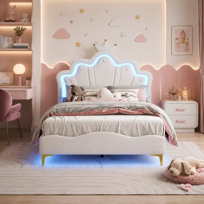 Gestoffeerd bed 140x190 cm met ledverlichting, tweepersoonsbed voor meisjes, met in hoogte verstelbaar hoofdeinde en lattenbodem, jeugdbed, kinderbed, fluwelen prinsessenbed Wit