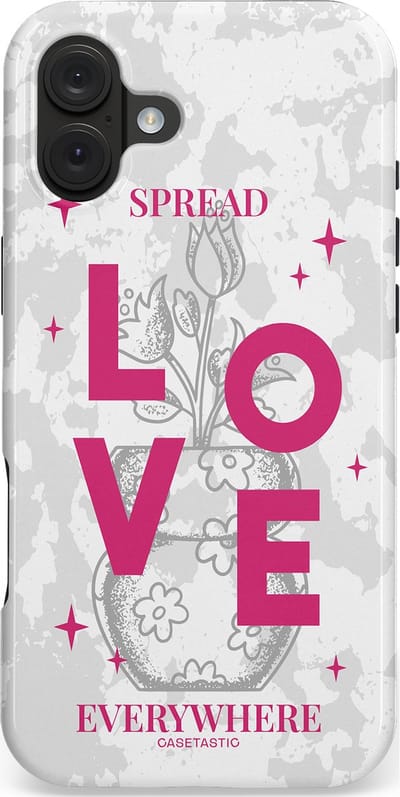 Casetastic hoesje geschikt voor Apple iPhone 16 Plus - MagSafe - Dubbellaagse bescherming - Spread Love Everywhere - Grijs Roze - Valentijn - Valentine - Fashion Case - Lichtgrijs Wit Roze