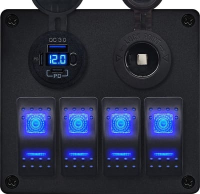 ProRide Schakelpaneel 12V voor Auto/Boot - USB C Lader 3 poorten met Sigaretten stopcontact - QC3.0 - 4 schakelaars