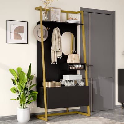 DESMIU Kapstok Met Spiegel - Compact Opbergmeubel Met Haken En Schoenkast - Voor Hal En Entree - MDF En Metaal - 78x38,5x180,5 Cm - Zwart