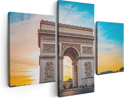 Artaza Canvas Schilderij Drieluik Arc De Triomphe In Parijs Met Zonsondergang - 90x60 - Foto Op Canvas - Canvas Print