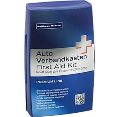 Verbanddoos Premium, voor in de auto, inhoud volgens DIN 13 164, temperatuurbestendig van -20 tot +130°, B 160 x D 70 x H 250 mm, polypropyleen, blauw