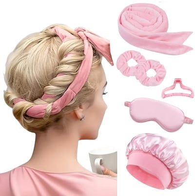 Daity Eendelige krultangset voor 's nachts - zonder verwarming - inclusief haarelastiekje en haarclip - geschikt voor vrouwen met lang of kort haar (roze).
