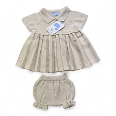 Mac Ilusion Baby jurkje met schattig gebreid pofbroekje | 9761 | Natural + zand| 1 maand | maat 56 |gebreid bovenstuk | gestreepte stof rokje
