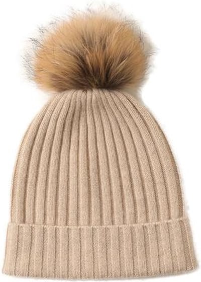 Hommard Cashmere Rib Stitch Beanie met PomPom, 100% Cashmere, Kasjmier, heren, dames, unisex, Creme