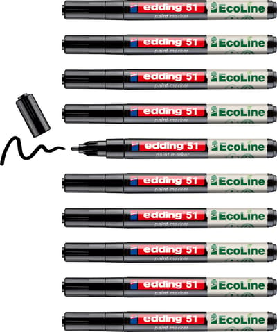 edding 51 EcoLine lakmarker op waterbasis zwart 10 stuks - ronde punt 1-2 mm - laag VOS-gehalte - navulbaar - geschikt voor o.a. gladde, donkere en transparante oppervlaktes