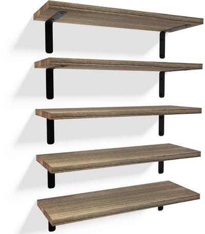 HOUSE Zwevende wandplanken, rustieke houten badkamerplanken, set van 5, boerderijstijl zwevende plank voor wanddecoratie, hangende planken voor slaapkamer, opslag, keuken, woonkamer - bruin