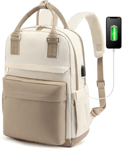 Vermanto Rugzak - Rugtas - Dames - Meisjes - Vrouwen - Laptop - Boekentas - Werk - School - Waterdicht - USB - Beige - Wit