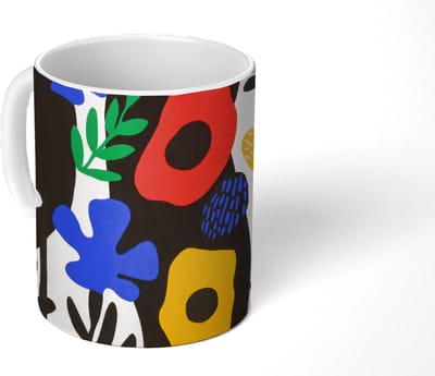 Mok - Koffiemok - Bloemen - Bladeren - Abstract - Zwart - Mokken - 350 ML - Beker - Koffiemokken - Theemok