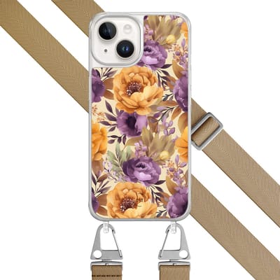 Hoesje met koord - Geschikt voor iPhone 14 - Floral mix - Verstelbaar zwart koord - Oranje, Paars - Bloemen - Leuke Telefoonhoesjes