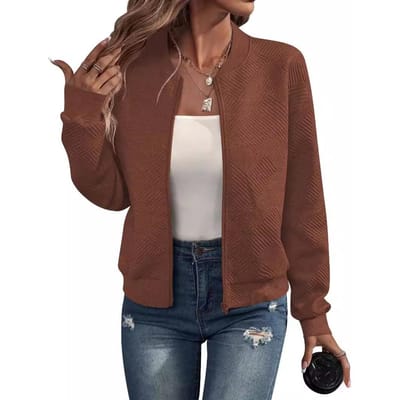 Veste à glissière de couleur unie automne hiver col de baseball manteau décontracté pour femmes vestes et manteaux à manches longues S marron