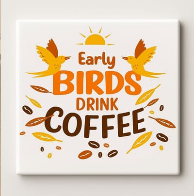 Early Birds Drink Coffee Keramische Tegel 15x15cm – Leuke Ochtendquote Ontwerp – Perfect Cadeau voor Koffieliefhebbers & Keukenmuurdecoratie