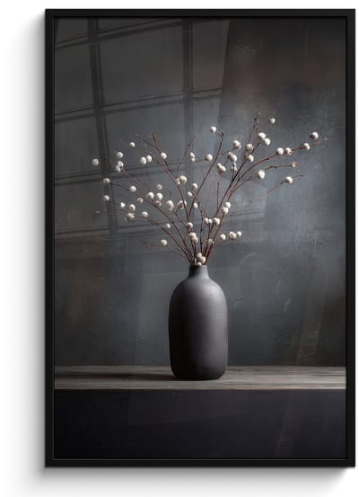 Poster in lijst - Fotolijst 80x120 cm - Posters - Takken - Vaas - Bolletjes - Wit - Posterlijst zwart - Decoratie - Wanddecoratie woonkamer - Muurdecoratie slaapkamer