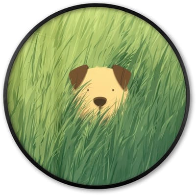 Poster in lijst Rond - Fotolijst 60x60 cm - Posters - Hondje - Gras - Oren - Bruin - Ronde posterlijst zwart - Decoratie - Wanddecoratie woonkamer - Muurdecoratie slaapkamer