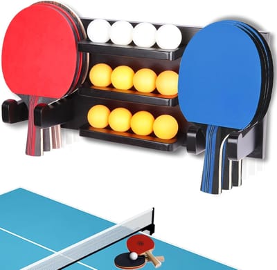 Tafeltennis Paddle Houder - Pingpong Opbergrek - Accessoires Organiseren - Massief Houten Constructie - Voor 6 Peddels - Zwart