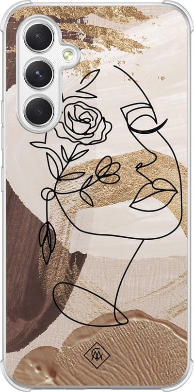 Casimoda® hoesje - Geschikt voor Samsung Galaxy A15 - Abstract Gezicht Bruin - Shockproof case - Extra sterk - TPU/polycarbonaat - Bruin/beige, Transparant