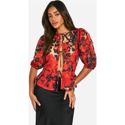boohoo Dames Leopard Blouse met Volumineuze Mouwen en Strik aan de Voorkant | Bruin | Maat: 34