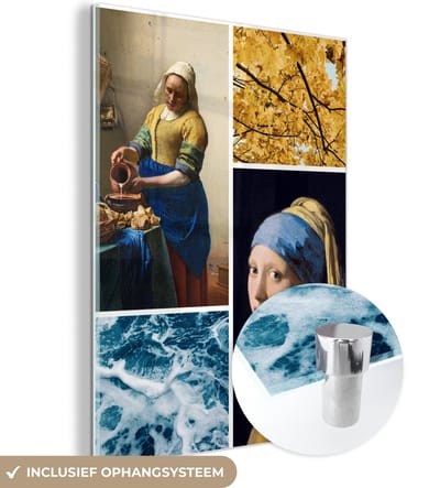 MuchoWow® Glasschilderij 30x40 cm - Schilderij acrylglas - Collage - Vermeer - Melkmeisje - Meisje met de parel - Foto op glas - Schilderijen