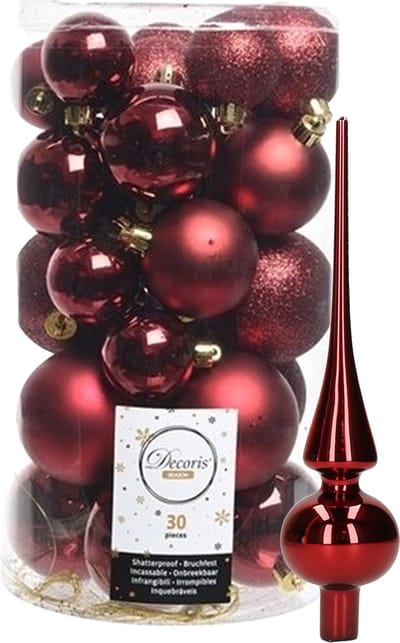 Decoris kerstballen 30x stuks - donkerrood 4/5/6 cm kunststof mat/glans/glitter mix en shiny glazen piek 26 cm