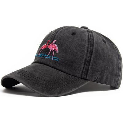 Casquette de baseball à imprimé flamant rose pour femme, broderie, coton délavé, style décontracté, rétro, sport, été, mode, pare-soleil, unisexe (black,Adjustable) noir