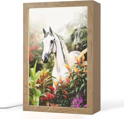 Nachtlampje 20x30 cm - Kinder lampje - Paard - Wit - Bos - Bloemen - Planten - Tafellamp kinderkamer - Slaapkamer lamp - Bedlamp kinderen - Kinderlampje stopcontact - Wandlamp babykamer - Nachtlampjes