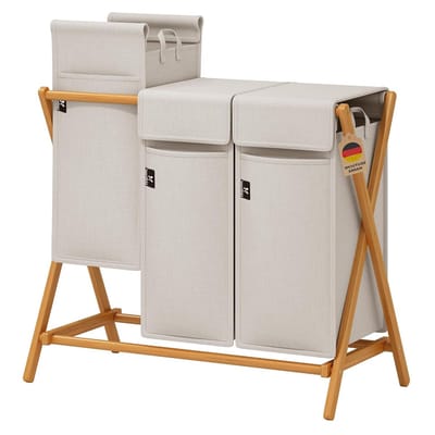 RFWR® Bamboe Wasmand met 2 Compartimenten en Deksel - 100L Lichtgrijs