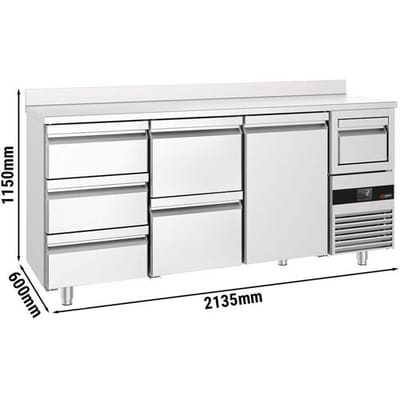 GGM Gastro Bar- & Getränkekühltisch PREMIUM - 2130x600mm - mit 1 Tür, 5 Schubladen, Aufkantung & Ausklopfer für Kaffee Zilver